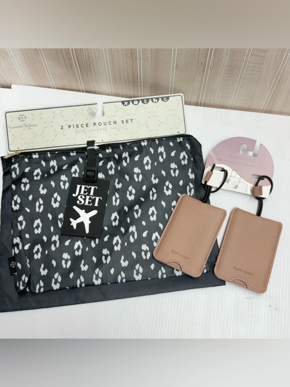 Jet Set Black & White Leopard 2-Piece Pouch Set with Tan Luggage Tags
